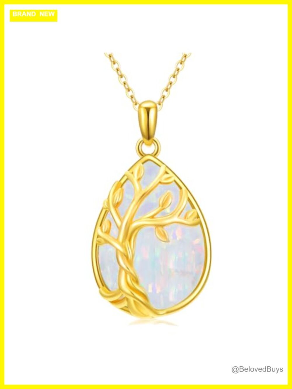 14K Gold White Opal Tree of Life Pendant Necklace 16+2 Inch